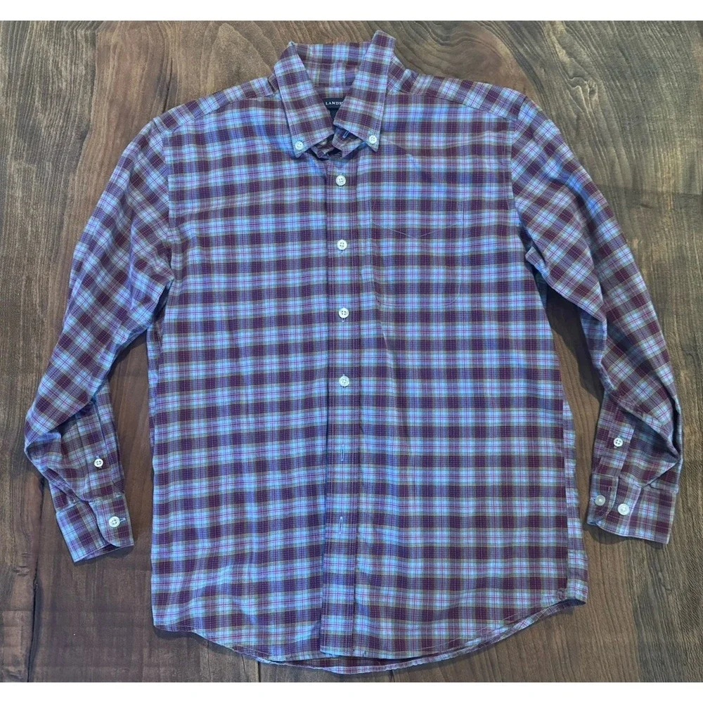 Lands End Boys Purple Green Plaid Long Sleeve Button Down Collared Shirt M 10-12